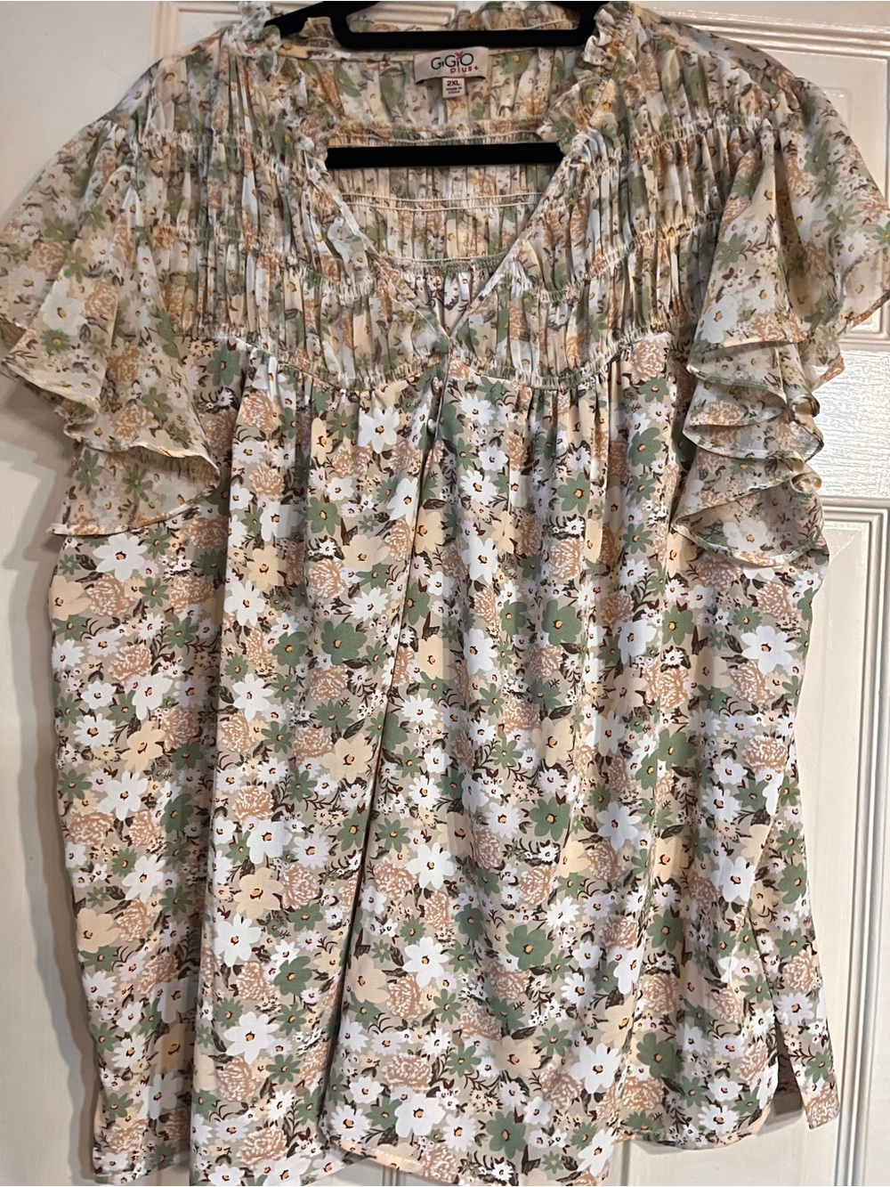 Gibson Look Sage and Cream Floral Ruffle Sleeve Blouse